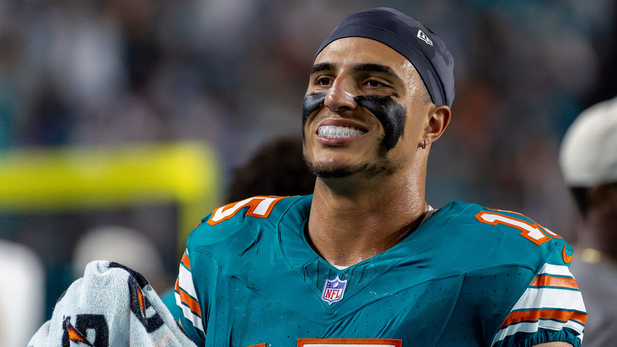 Miami Dolphins linebacker Jaelan Phillips (15) looks on in the first half of their NFL game against the Buffalo Bills at Hard Rock Stadium on Thursday, Sept. 12, 2024, in Miami Gardens, Fla.