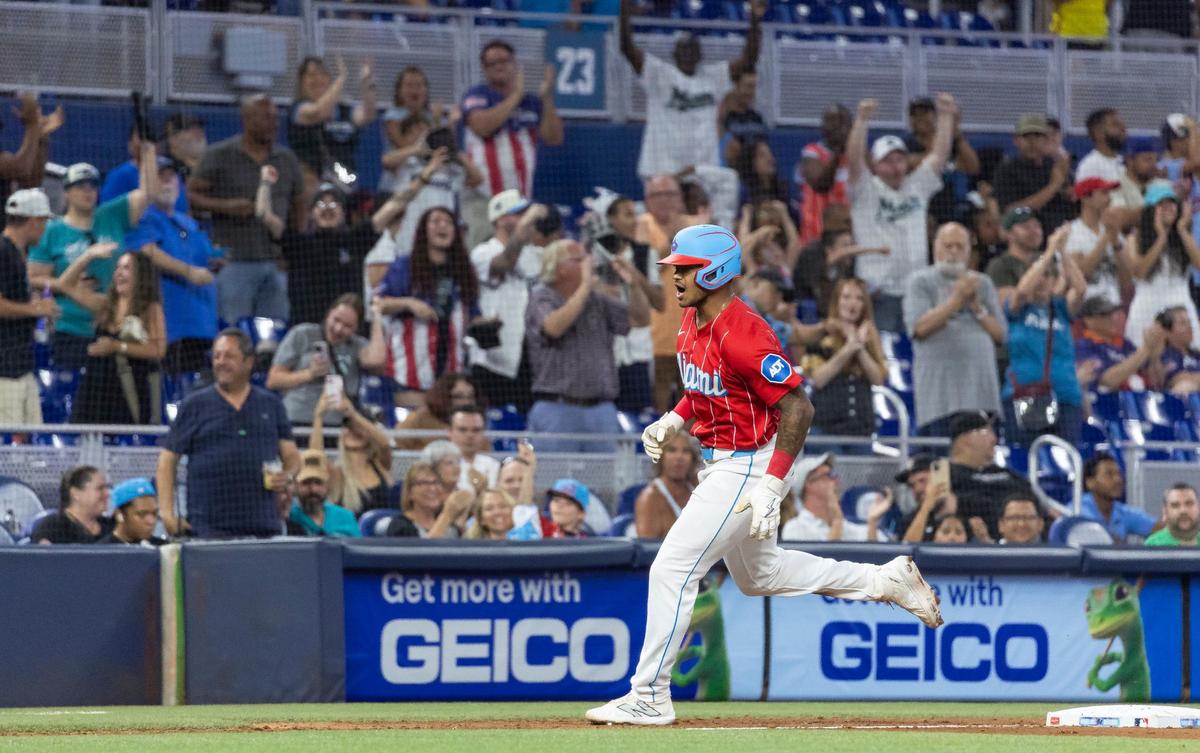 Miami Marlins outfielder Dane Myers (54) reacts after hitting a home run against the Chicago White Sox in the seventh inning of their MLB game at loanDepot park on Saturday, July 6, 2024, in Miami, Fla.