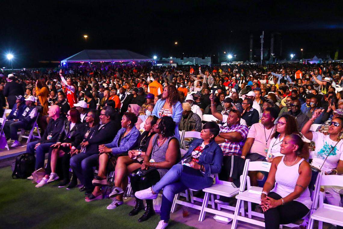 The crowd reacts as rapper Rick Ross performs during Jazz in the Gardens at Hard Rock Stadium Arena in Miami Gardens, Florida, on Sunday, March 13, 2022.