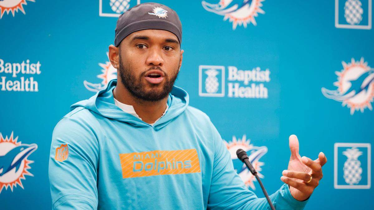 Miami Dolphins quarterback Tua Tagovailoa (1) speaks after practice on Monday, Aug. 26, 2024, at Baptist Health Training Complex at the Hard Rock Stadium in Miami Gardens, Fla. 