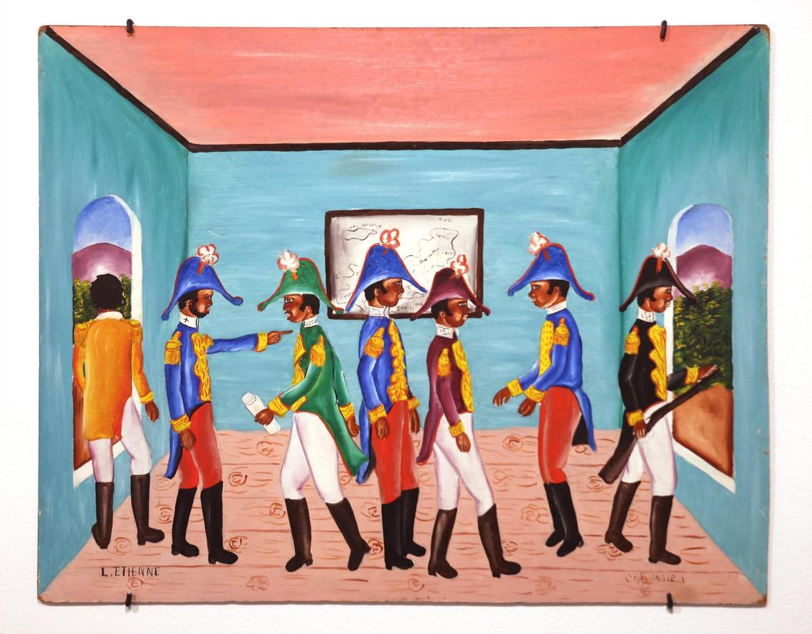 Pictured is L. Etienne’s piece “Untitled,” oil on masonite. On Tuesday, June 6, 2023, art lovers browsed through the recently opened Haitian art show entitled “Cosmic Mirrors” at NSU Art Museum in Fort Lauderdale, Florida.