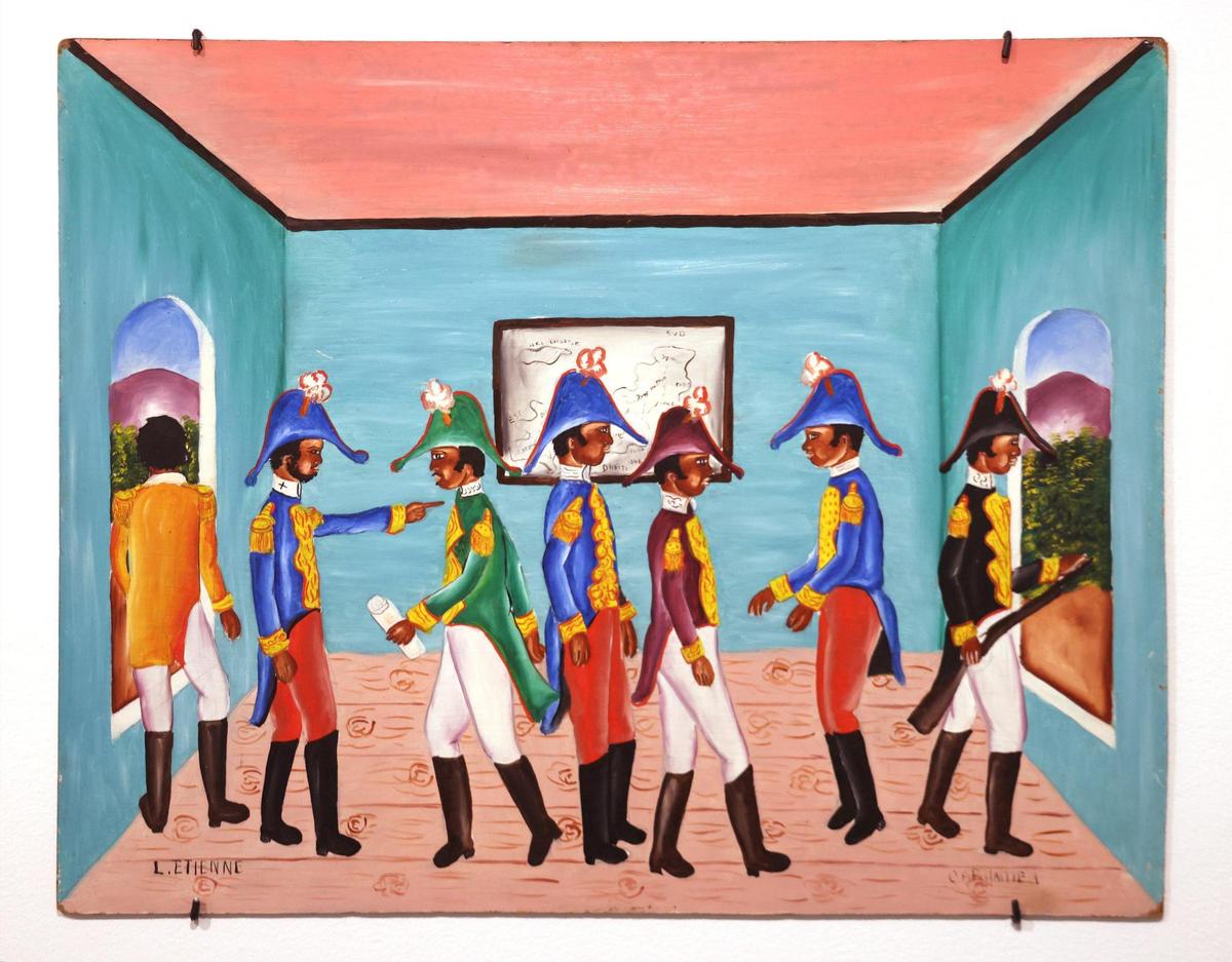 Pictured is L. Etienne’s piece “Untitled,” oil on masonite. On Tuesday, June 6, 2023, art lovers browsed through the recently opened Haitian art show entitled “Cosmic Mirrors” at NSU Art Museum in Fort Lauderdale, Florida.