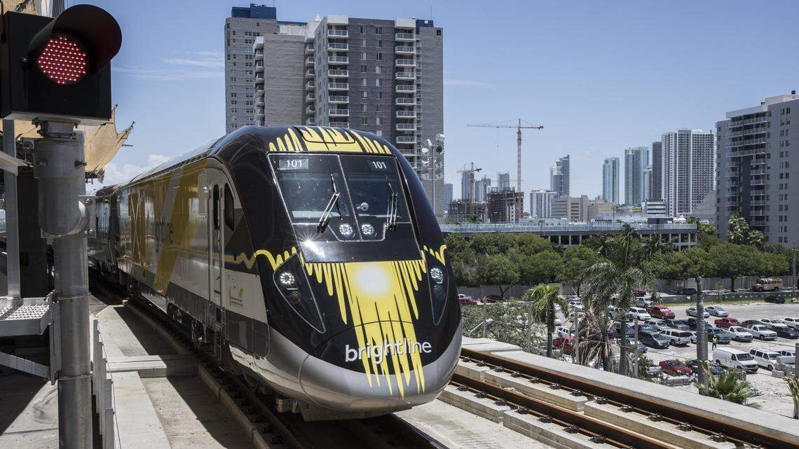 A Brightline train at the MiamiCentral station in downtown Miami, July 8, 2018.