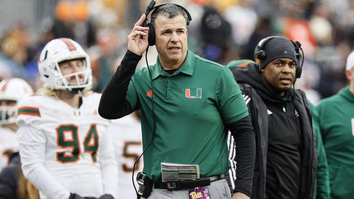 Miami Hurricanes head coach Mario Cristobal on the sidelines during the second half of the NCAA football game against the Pittsburgh Panthers at Acrisure Stadium in Pittsburgh, PA, on Saturday, November 29, 2025.