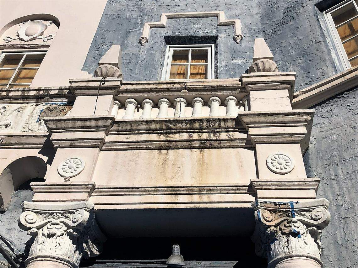 Detail of the Spanish Rococo facade of the Coconut Grove Playhouse from the 1920s to be preserved under a Miami-Dade County plan that combines restoration of the historic front building and demolition of later additions.