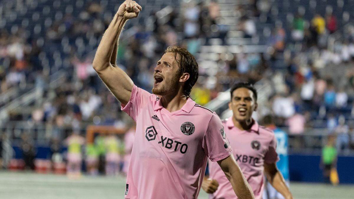 Inter Miami defender Ryan Sailor (15) celebrates after scoring a header against Miami FC in the extra time of their US Open Cup third-round soccer match at FIU Stadium on Wednesday, April 26, 2023. Miami hopes to carry the winning spirit on the road against Columbus Crew on Saturday.