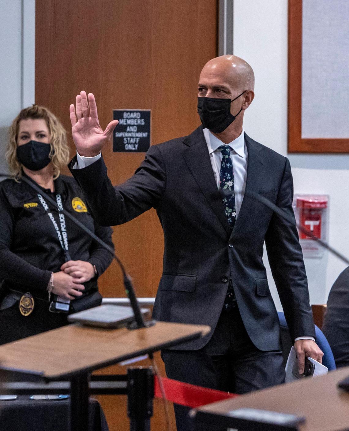 Michael Gaal, one of the two finalists for superintendent of schools, greets attendees at the Broward School Board meeting, where he will answer questions.