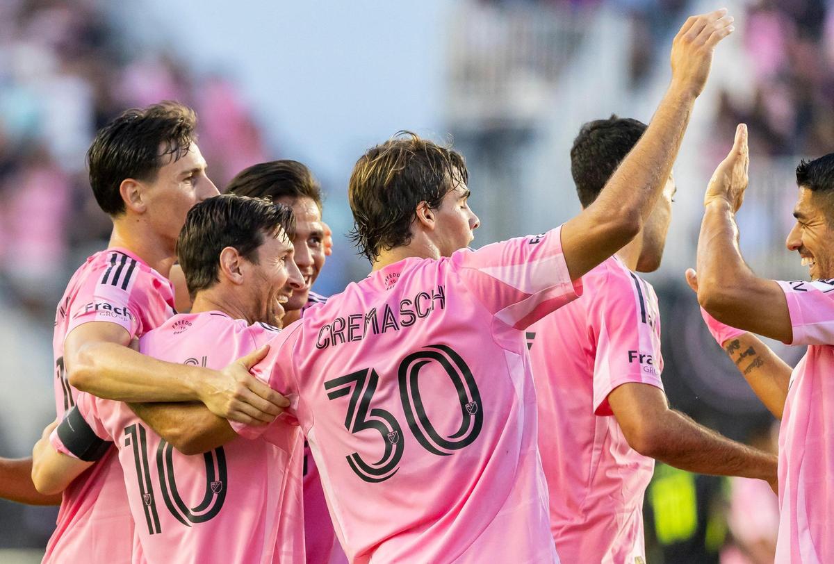 Inter Miami forward Lionel Messi (10) celebrates with his teammates after scoring a goal against the Columbus Crew in the first half of their MLS match at Chase Stadium on Saturday, May 31, 2025, in Fort Lauderdale, Fla.