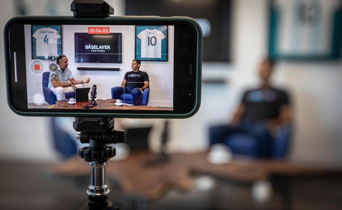 Miami Mayor Francis Suarez, right, interviews venture capitalist John Paul for his online interview video series called Cafecito Talks on Sept. 14, 2021. The interviews are filmed in the mayor’s suite on the second floor of City Hall on Dinner Key.