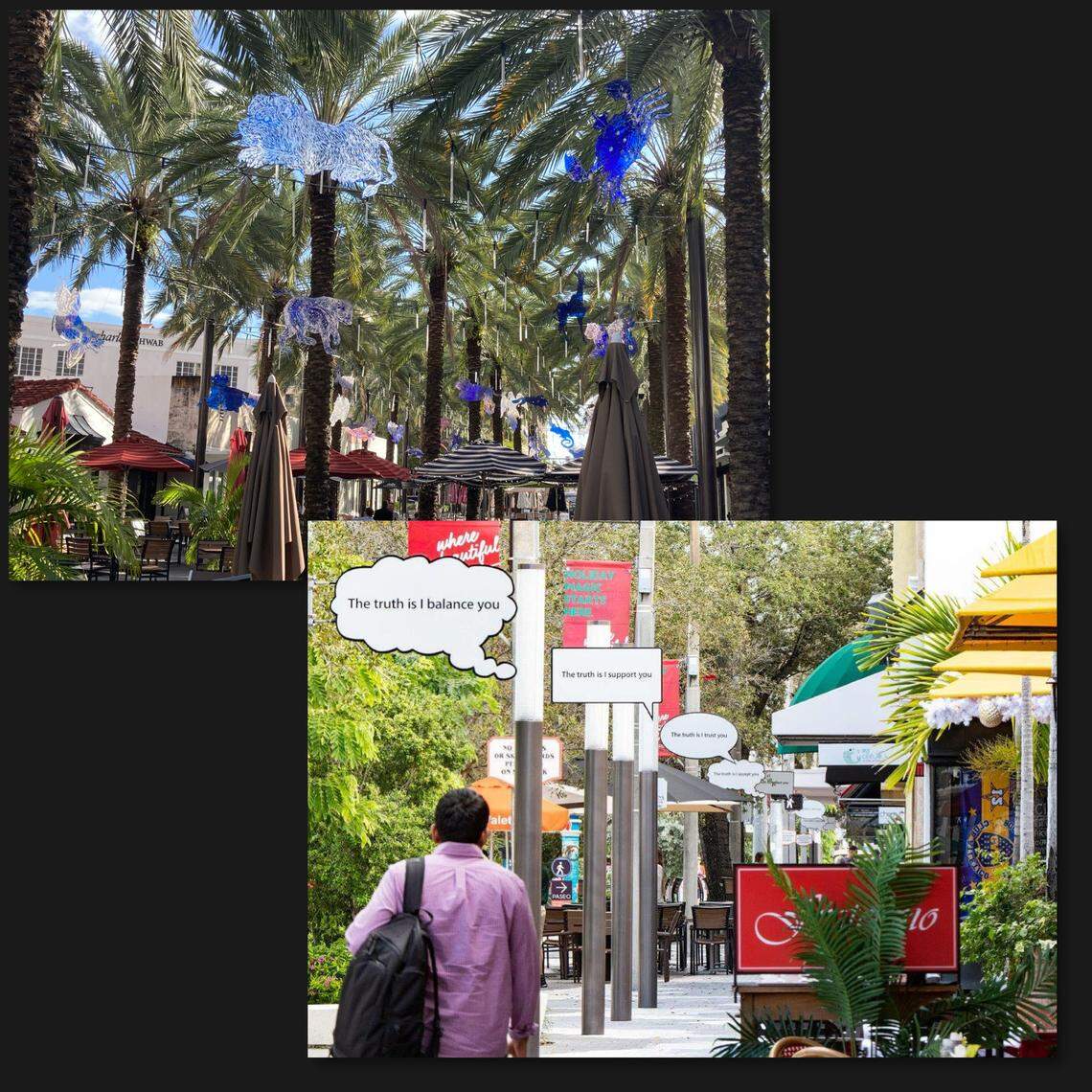 The city of Coral Gables has commissioned several pieces of art for Miami Art Week through the years. This includes Kiki Smith’s temporary “Blue Night,” installation (upper left), which featured 42 suspended animal constellations made from transparent blue plexiglass and included an augmented reality experience. Some temporary commissions were later purchased to become permanent installations, such as the (lower right) unique speech balloon signs with “universal statements about truth” in different languages that were created by Hank Willis Thomas for his “The Truth is I Welcome You” installation.