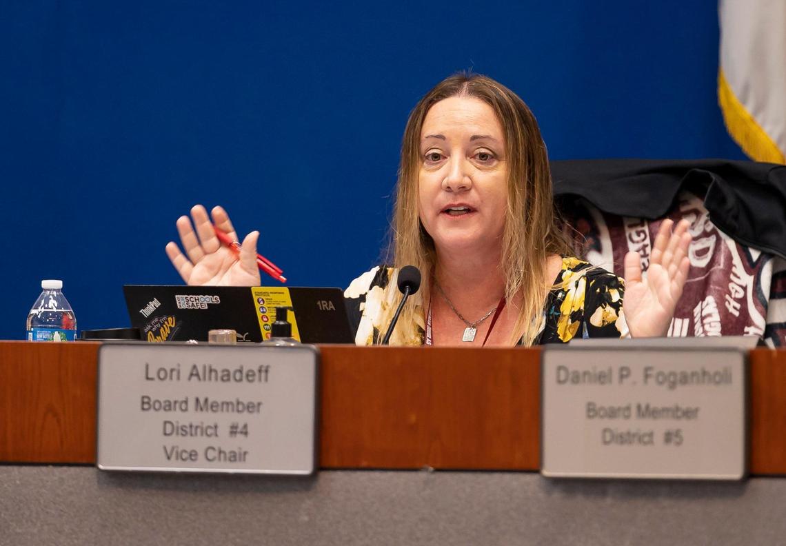 Broward County School Board member Lori Alhadeff speaks during a meeting at the Kathleen C. Wright Administration Center on Monday, Nov. 14, 2022, in Fort Lauderdale, Fla. Alhadeff, who voted against firing Broward Superintendent Vickie Cartwright, was concerned whether the Board had complied with Florida’s Sunshine laws when it voted 5-4 to fire her Monday evening, Nov. 14, 2022.