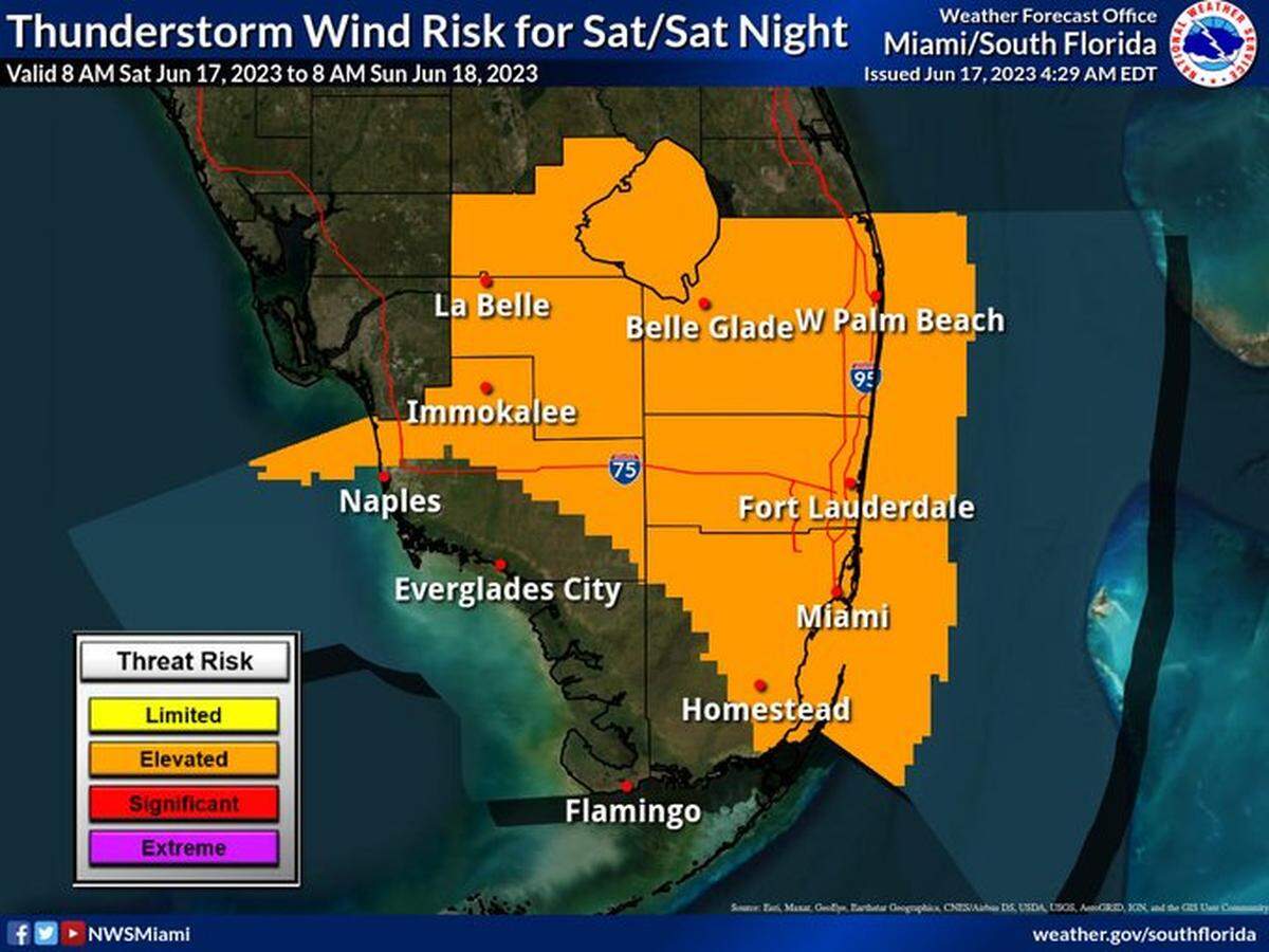 The NWS’ thunderstorm wind risk map for Saturday, June 17.