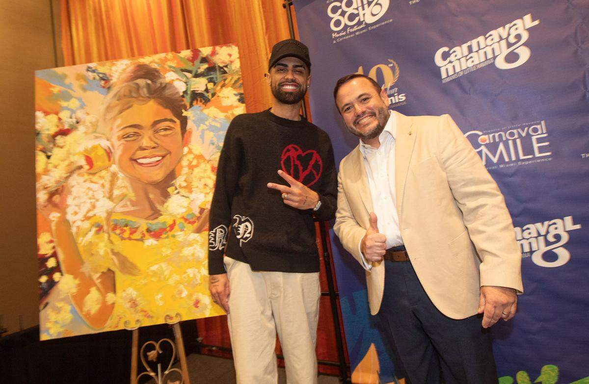 Latin Grammy-nominated Jay Wheeler (left) is named King of Carnaval alongside Kiwanis Club of Little Havana President Pablo Lau (right). Wheeler headlines Carnaval Miami 2025’s main Calle Ocho Music Festival event on March 9, 2025. The announcement was revealed at Hard Rock Live in Hollywood, Florida, on Feb. 6, 2025.