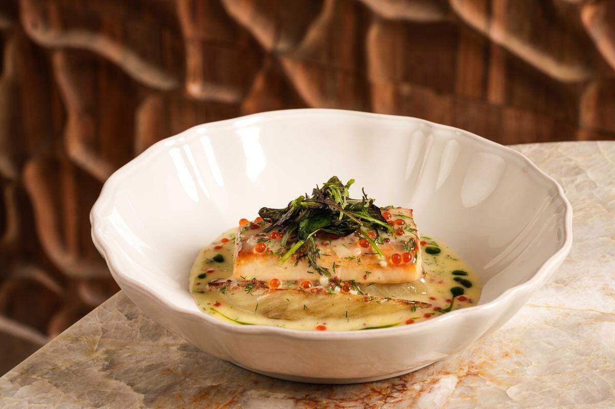 Cobia with lemon-butter sauce, dill, braised fennel and trout roe at Aguasal in Miami Beach.
