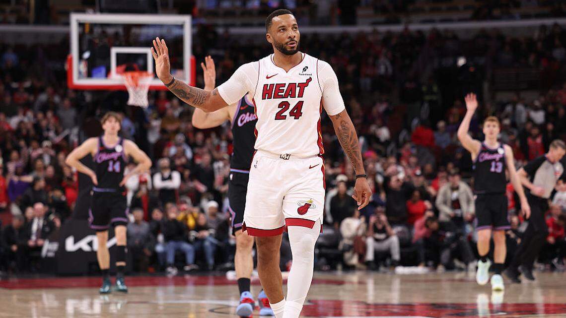 Norman Powell #24 of the Miami Heat reacts to a foul during the second half against the Chicago Bulls at the United Center on January 29, 2026 in Chicago.
