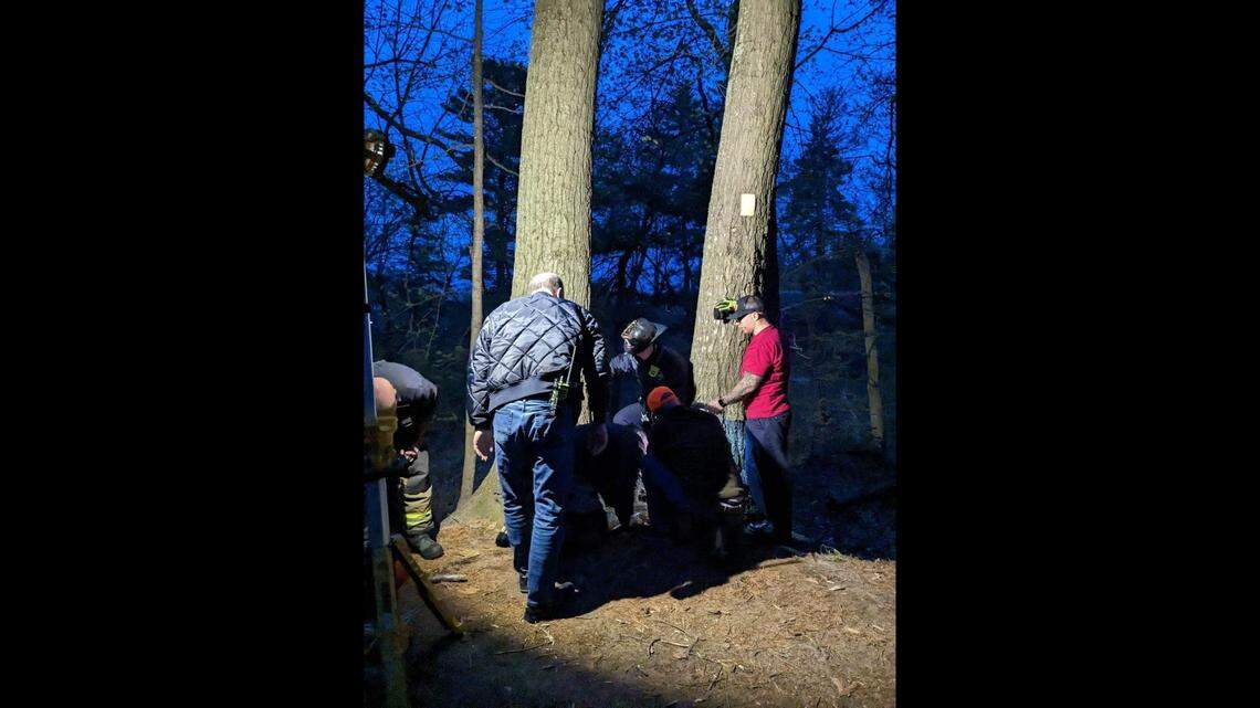 The fire department used hand tools to cut and free the dog, news outlets reported.