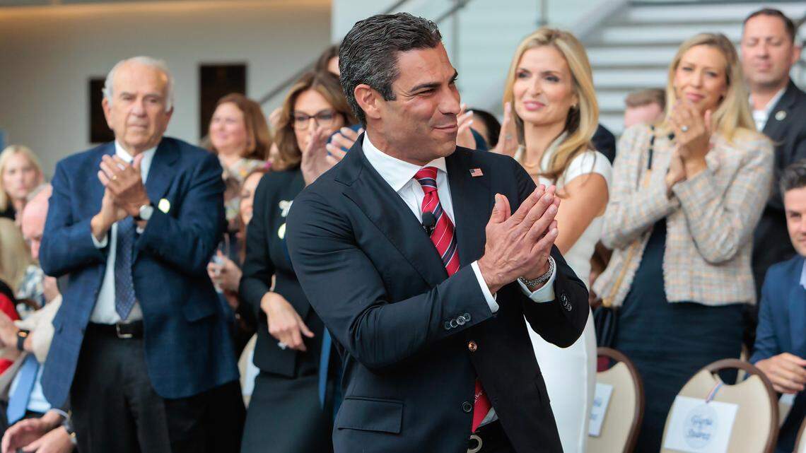 Miami Mayor Francis Suarez saluting the audience as he is called to the podium before his first speech as a candidate for the 2024 Republican presidential nomination at the Ronald Reagan Presidential Library in Simi Valley, California on Thursday, June 15, 2023.