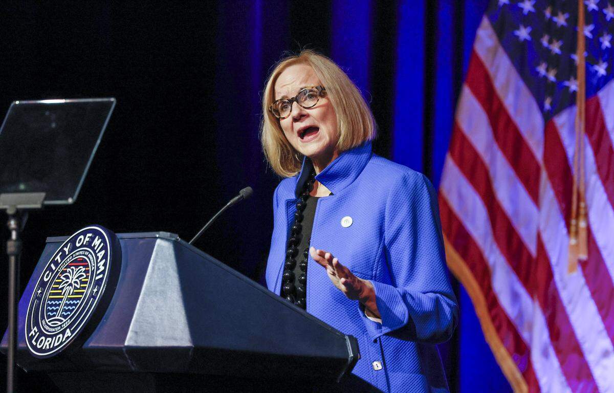 Eileen Higgins speaks during the installation ceremony as the Mayor of the City of Miami at the Miami-Dade College Wolfson Campus Auditorium in Miami, Florida, on Thursday, December 18, 2025. 