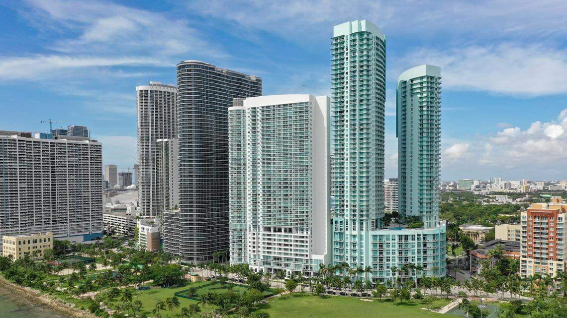 A cluster of condo and apartment towers overlooking Miami’s bayfront Margaret Pace Park in Edgewater.
