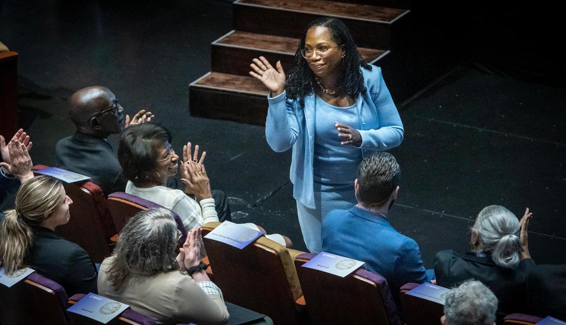 U.S. Supreme Court Justice Ketanji Brown Jackson waves to the crowd during the street-naming ceremony held at the Dennis C. Moss Cultural Arts Center in Cutler Bay on Monday, March 6, 2023.