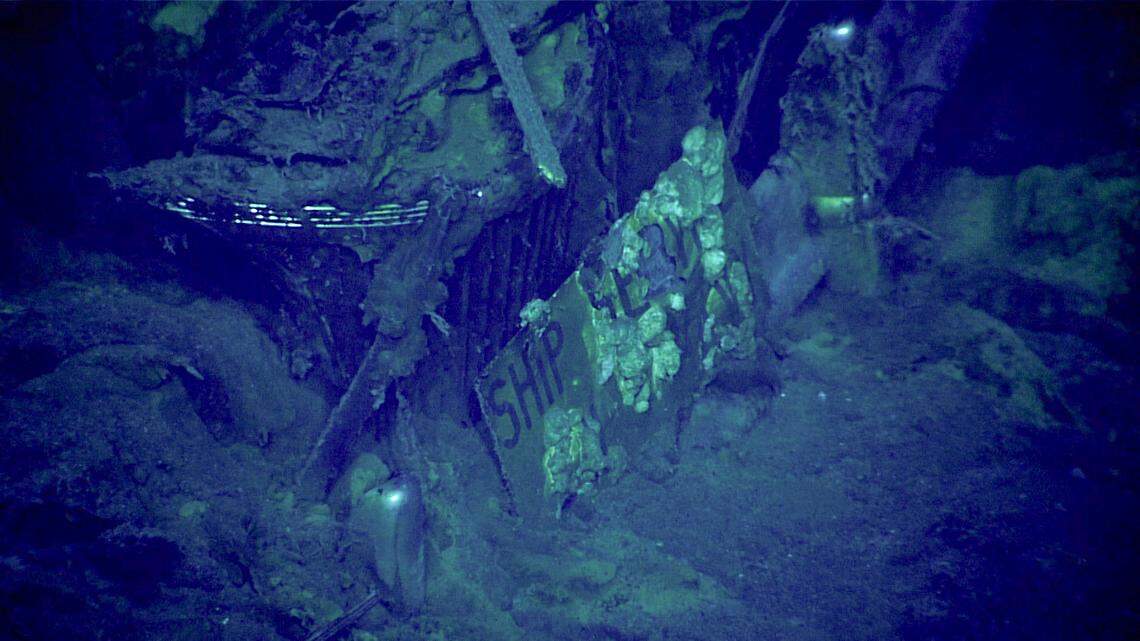 The front plate of the automobile discovered in the hangar of USS Yorktown during the seventh dive of the Papahānaumokuākea ROV and Mapping expedition on April 20.