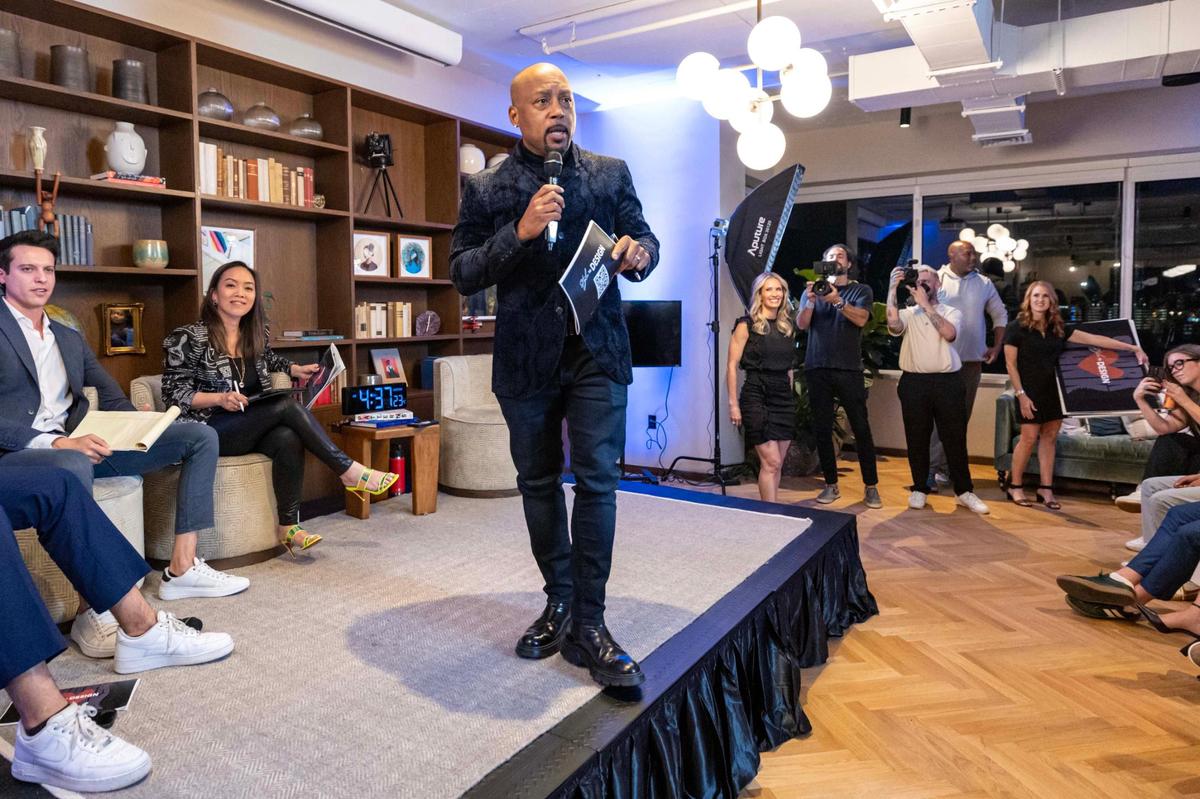 Daymond John speaks to the audience during “The Big Pitch Night” event at Mindspace Miami on Tuesday, Nov. 19, 2024, in Miami, Fla.
