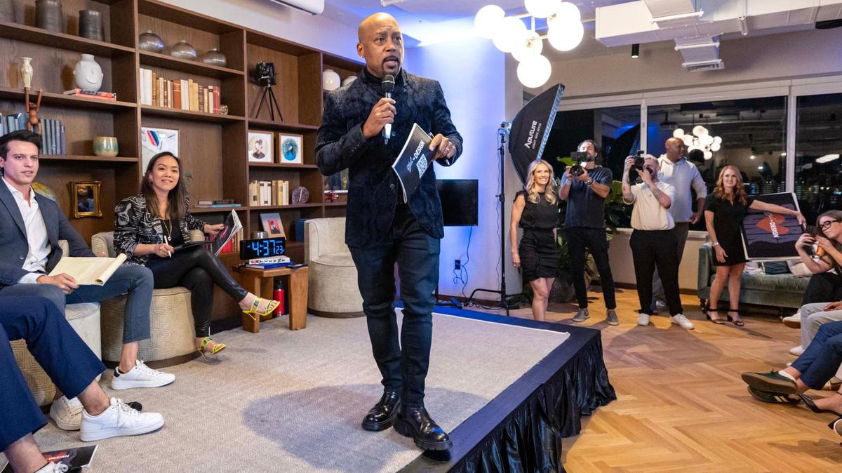 Daymond John speaks to the audience during “The Big Pitch Night” event at Mindspace Miami on Tuesday, Nov. 19, 2024, in Miami.