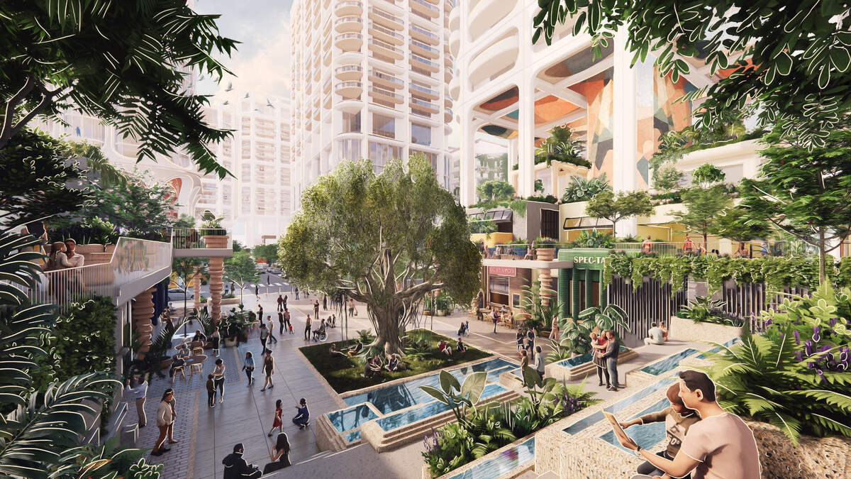 Una representación arquitectónica muestra una plaza pública central entre torres en un mega-desarrollo planeado que reemplazaría el centro comercial Sunset Place en el centro de South Miami.