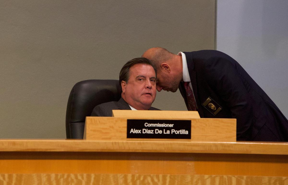 Miami Commissioner Alex Díaz de la Portilla reacts during a City Commission meeting at City Hall in Miami on Thursday, Sept. 14, 2023. He was arrested later that day on a host of corruption charges that included bribery and money laundering.