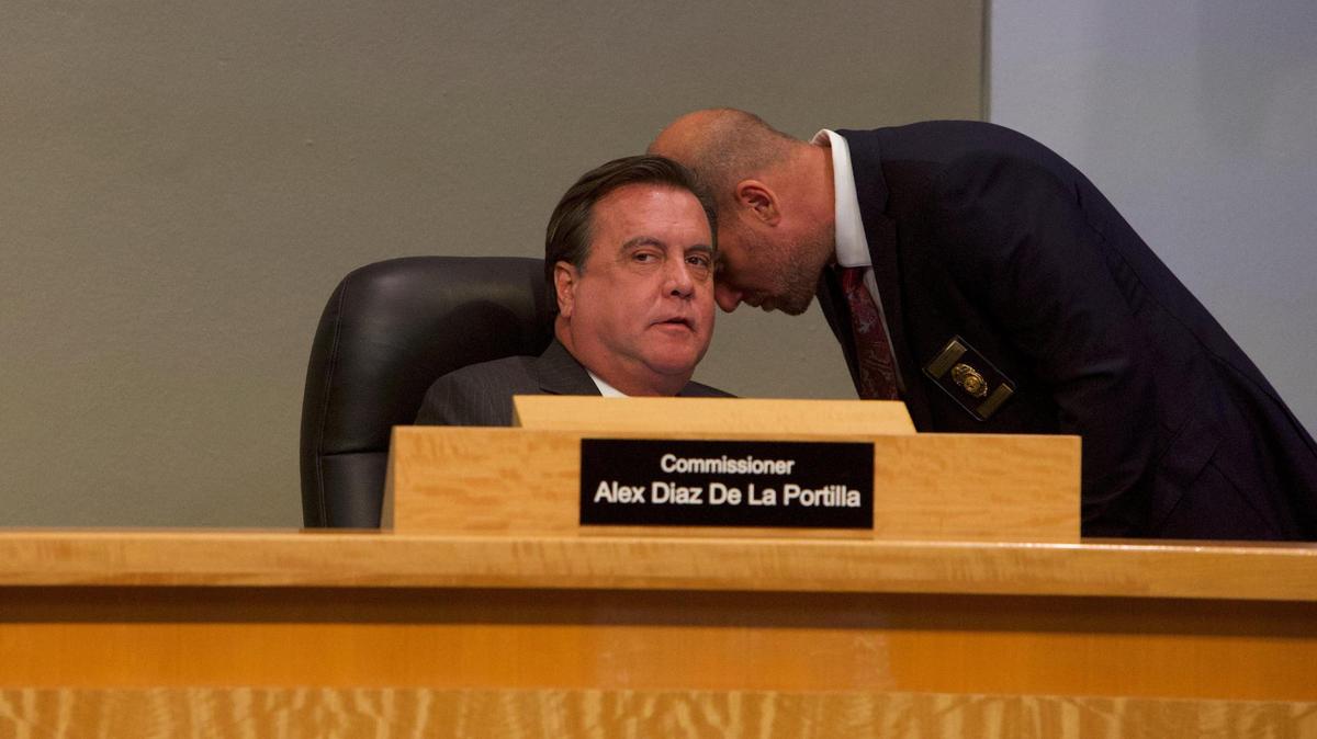 Miami Commissioner Alex Díaz de la Portilla during a City Commission meeting at City Hall in Miami, Florida, on Thursday, Sept. 14, 2023. He was later arrested on a host of corruption charges that include bribery and money laundering, according to the Florida Department of Law Enforcement.