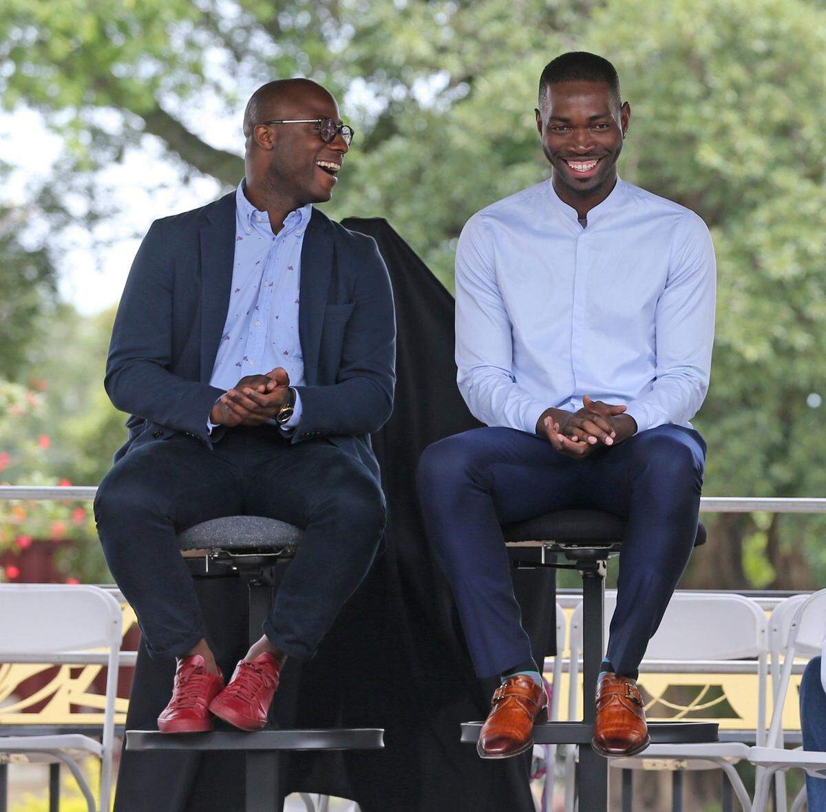 Academy Award winners Barry Jenkins and Tarell Alvin McCraney celebrated "Moonlight's" success at at the African Heritage Cultural Art Center in April 2017..