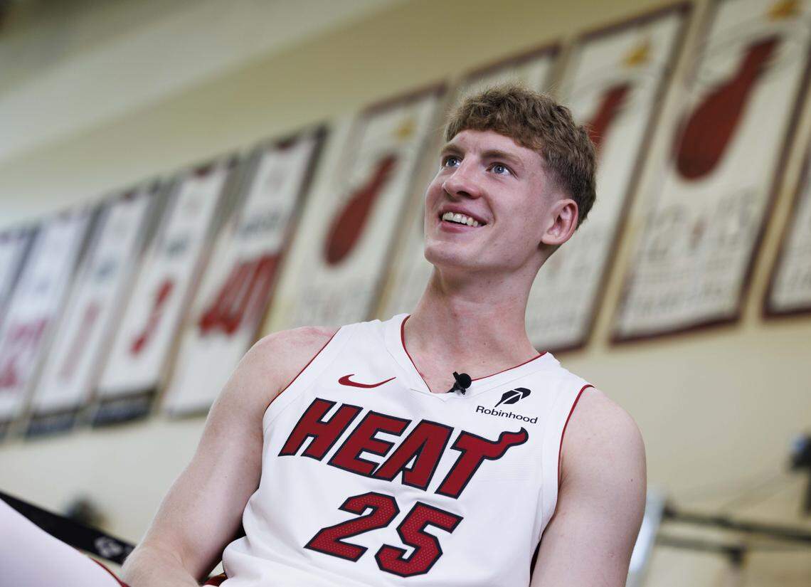 Kasparas Jakucionis (25) sits in an interview during the Miami Heat Media Day on Sept. 29, 2025, at Kaseya Center in Miami.