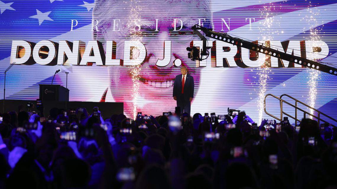 Donald Trump arrives on stage at the Turning Point Action Conference at the Palm Beach County Convention Center in West Palm Beach, Florida, on Saturday, July 15, 2023.