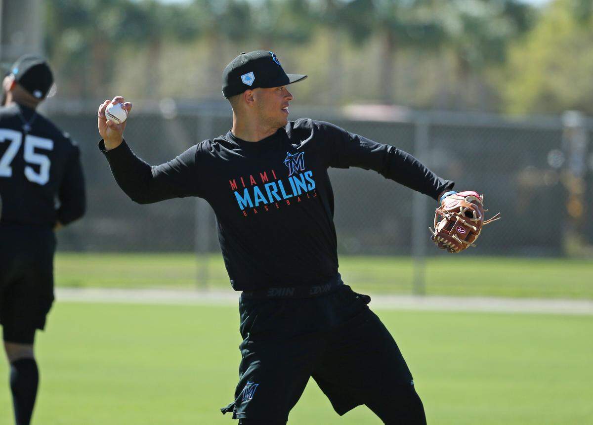 Miami Marlins minor league infielder Joe Dunand runs drills during practice spring training game at the Roger Dean Chevrolet Stadium on Wednesday, March 6, 2019 in Jupiter, FL.