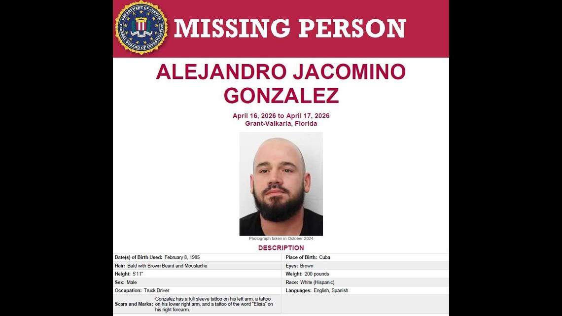 The FBI is looking for Alejandro Jacomino Gonzalez, a truck driver who went missing on April 17, 2026, while hauling cars from Georgia to Miami.