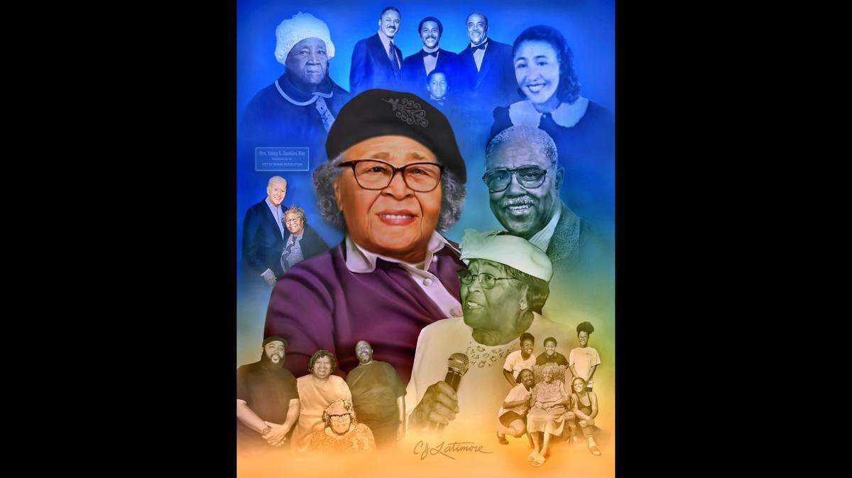 A ‘Legacy’ portrait of Nancy Dawkins, a longtime Miami teacher and activist who recently turned 100. Artist C.J. Latimore painted the portrait, one of several he is painting for an upcoming exhibit on South Florida’s Black trailblazers at the African Heritage Cultural Arts Center in Liberty City.