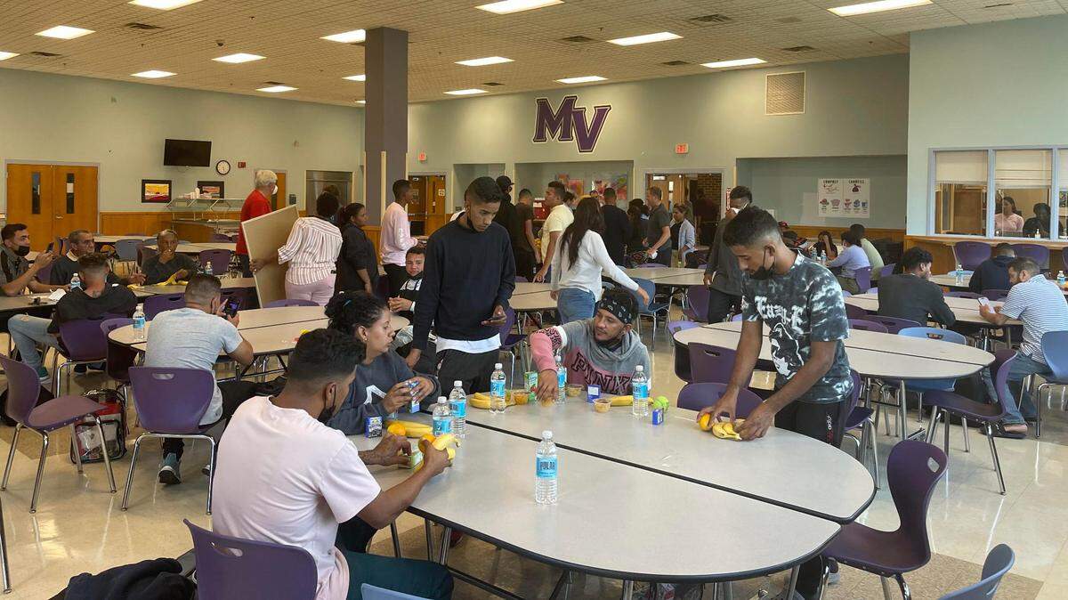 An emergency shelter was set up inside Martha’s Vineyard’s high school feed and house the migrants, Wednesday, Sept. 14, 2022.