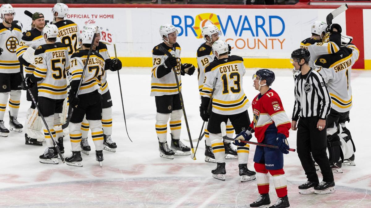 Florida Panthers center Evan Rodrigues (17) reacts after the Boston Bruins won their NHL game in overtime at Amerant Arena on Saturday, Jan. 11, 2025, in Sunrise, Fla.