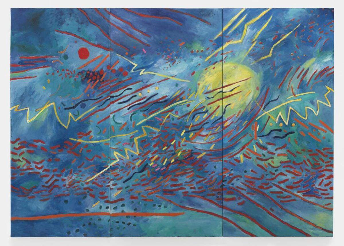 Mildred Thompson, “Radiation Explorations 6,” 1994. Oil on canvas Overall: 97 ½ x 143 ⅝ inches; three panels. The Mildred Thompson Estate.