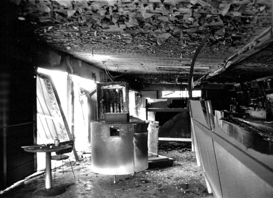 A 1965 fire wrecked the Interior of the snack bar at the Boulevard Drive-In Theater, caused by a short in an overhead lighting fixture.