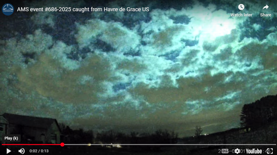 A man in Havre de Grace, Maryland, recorded the sky ablaze at 3:40 a.m. on Saturday, Feb. 1, the American Meteor Society says.