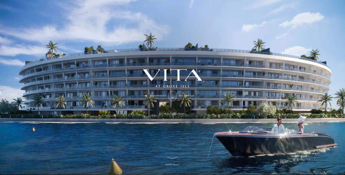 A screengrab of a rendering marketing Vita at Grove Isle in Coconut Grove. The building is seven stories and will contain 65 units. Units are selling for $2.7 million to $22 million. Some Grove Isle residents have sued the city of Miami over the building.