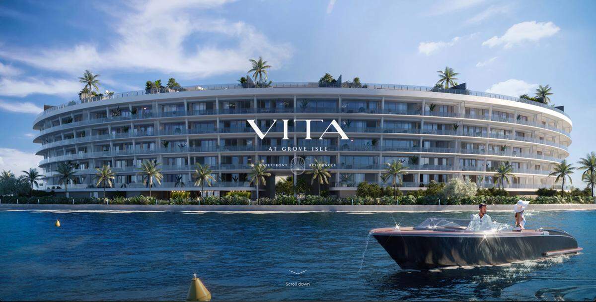 A screengrab of a rendering marketing Vita at Grove Isle in Coconut Grove. The building is seven stories and will contain 65 units. Units are selling for $2.7 million to $22 million. Some Grove Isle residents have sued the city of Miami over the building.