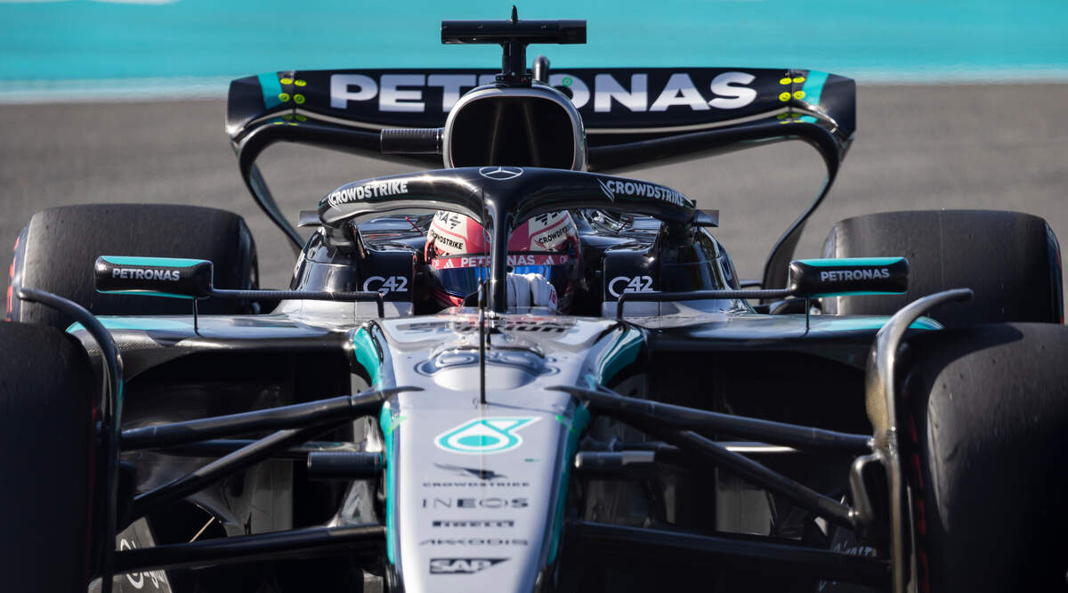 Mercedes driver George Russell of Britain takes a turn during the Sprint Qualifying session on the first day of the Formula One Miami Grand Prix at the Miami International Autodrome on Friday, May 2, 2025, in Miami Gardens, Fla.