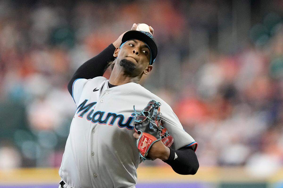 Miami Marlins starting pitcher Edward Cabrera throws against the Houston Astros during the first inning of a baseball game Sunday, June 12, 2022, in Houston. (AP Photo/David J. Phillip)