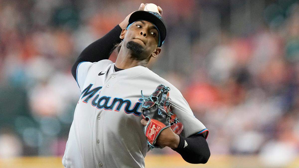 Miami Marlins starting pitcher Edward Cabrera throws against the Houston Astros during the first inning of a baseball game Sunday, June 12, 2022, in Houston.