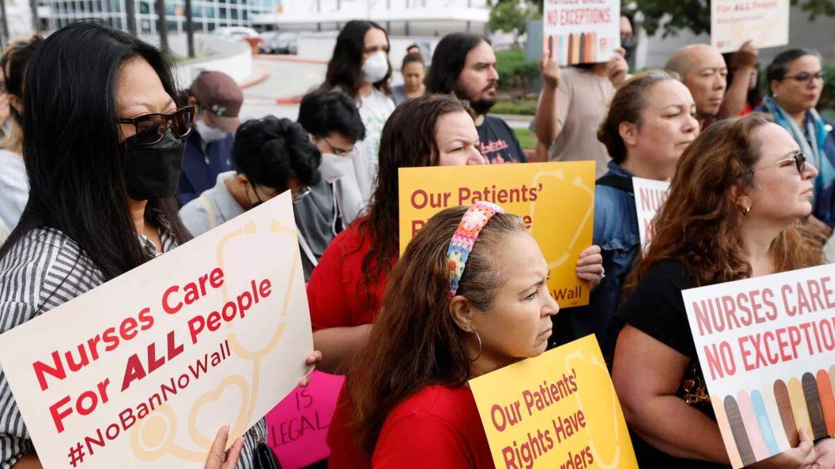 Demonstrators gather at a July news conference in front of Glendale Memorial Hospital in Glendale, California, where Milagro Solis-Portillo was being treated after she was arrested by U.S. Immigration and Customs Enforcement.