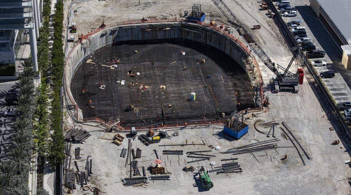 An aerial view of the Bentley construction site near the coastline on Friday, Oct. 31, 2025, in Sunny Isles Beach, Fla.