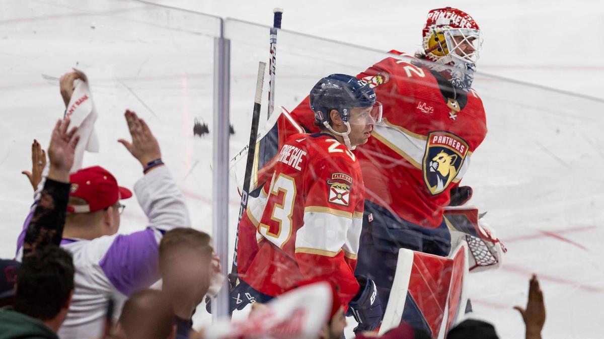 Florida Panthers center Carter Verhaeghe (23) celebrates with his teammates after scoring a goal against the Tampa Bay Lightning in overtime period in Game 2 of the first-round of the 2024 Stanley Cup Playoffs at Amerant Bank Arena on Tuesday, April 23, 2024, in Sunrise, Fla.