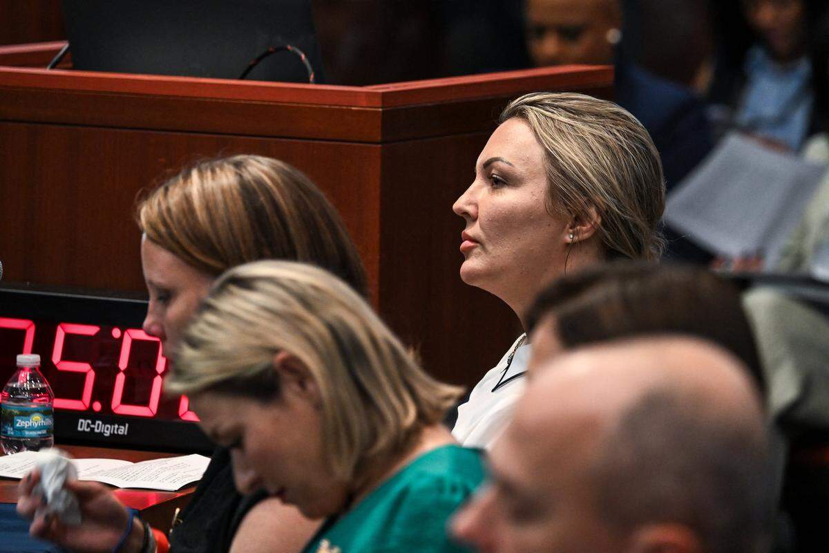 Jeffrey Epstein survivor Courtney Wild looks on during a Democrat-led US House Oversight field hearing on the Epstein investigation in West Palm Beach, Florida, on May 12, 2026. 